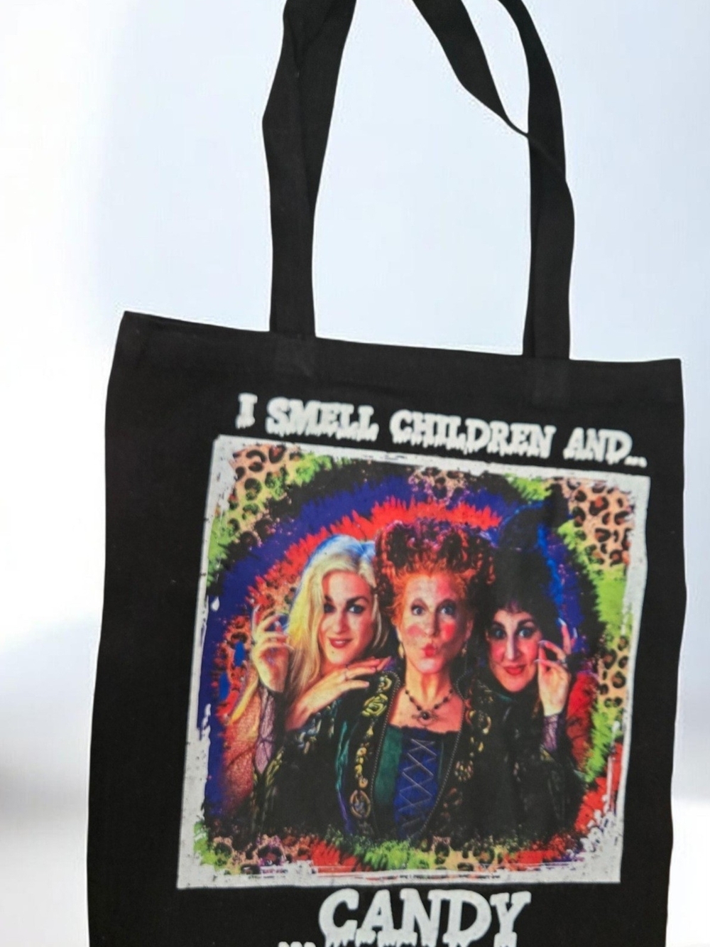 Black Graphic Tote Bag with Colorful Hocus Pocus Design
